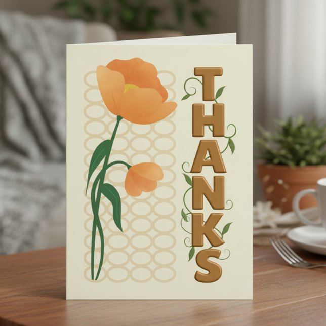 Carte Style Pavot Orange Avec Merci Texte Bronze (Hand‑drawn flowers, customizable message. Your gratitude, your style.)