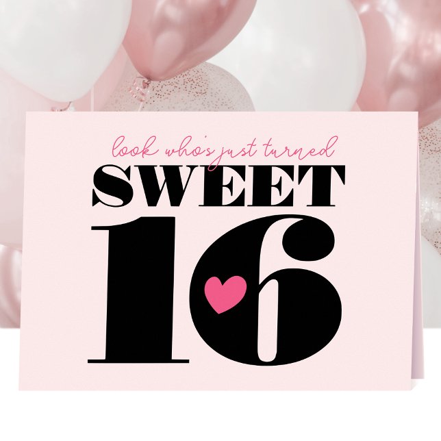 Carte Style Retro Typographie Sweet sixteen rose noir (Créateur téléchargé)