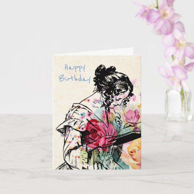 Carte Style vintage Lady lecture Livre Anniversaire (Orchidée)