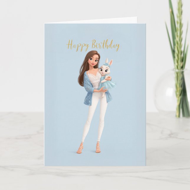 Carte Stylish Girl in Blue Lace w/ Cute Bunny BDay (Devant)