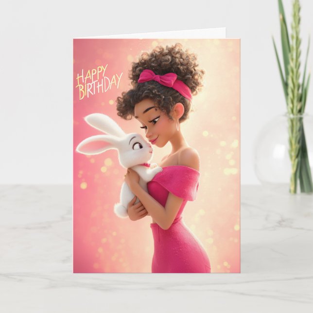 Carte Stylish Girl in Hot Pink w/ White Bunny Birthday (Devant)