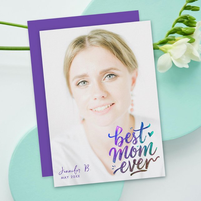Carte Stylish Purple Best Mothers Day Photo Brush Script (Créateur téléchargé)