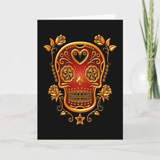 Carte Sugar Skull with Roses, yellow and red (Devant)