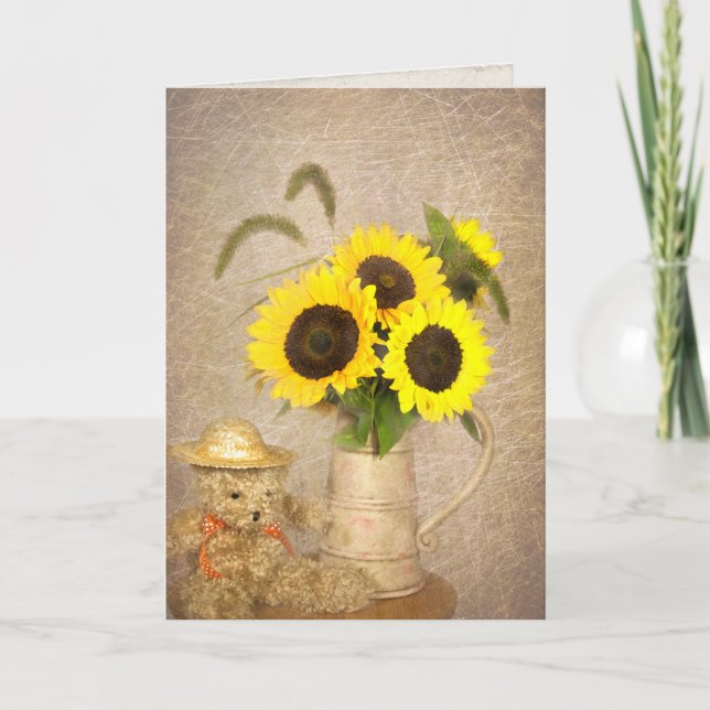 Carte Sunflower bouquet and teddy bear thinking of you (Devant)