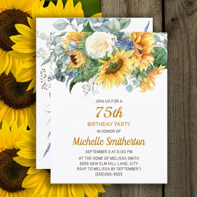 Carte Sunflower Eucalyptus Floral 75e anniversaire (Sunflowers and eucalyptus 75th birthday party invitation, customized with your text)