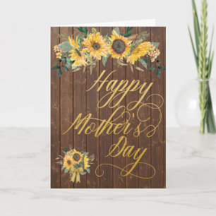 Carte Sunflower Rustic Wood Gold Script Fête des mères