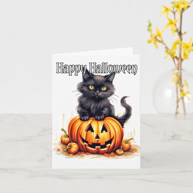 Carte Super mignon Chat Kitty noir | Bonne Halloween (Fleur jaune)