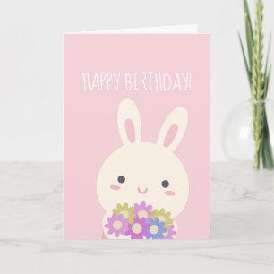 Carte Super mignon lapin et fleurs rose heureux annivers