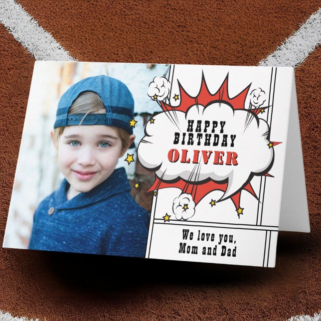 Carte Superhero Comic Speech Bubble Boy Photo Anniversai (Créateur téléchargé)