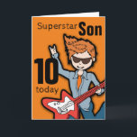 Carte Superstar Son 10e Birthday<br><div class="desc">This card says "Superstar Son 10 today. Inside Joyeux anniversaire. Or customise with your own words. Fun card featuring a boy with red hair and light skin illustration and design by Sarah Trett. www.sarahtrett.com</div>
