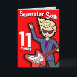 Carte Superstar Son 11e jour de Noël<br><div class="desc">This card says "Superstar Son 11 today. Inside Joyeux anniversaire. Or customise with your own words. Fun card designed by exclusively by Sarah Trett.</div>