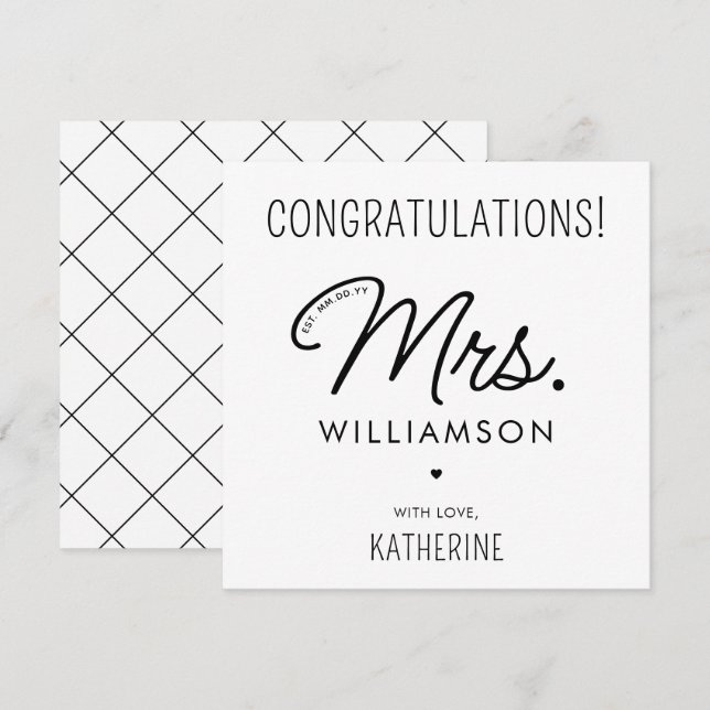 Carte Sur Mesure, Mme Est. Félicitations à la mariée mod (Devant / Derrière)