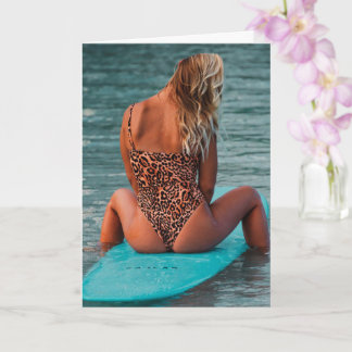 Carte Surfer Bikini pin up fille photo Grey Card