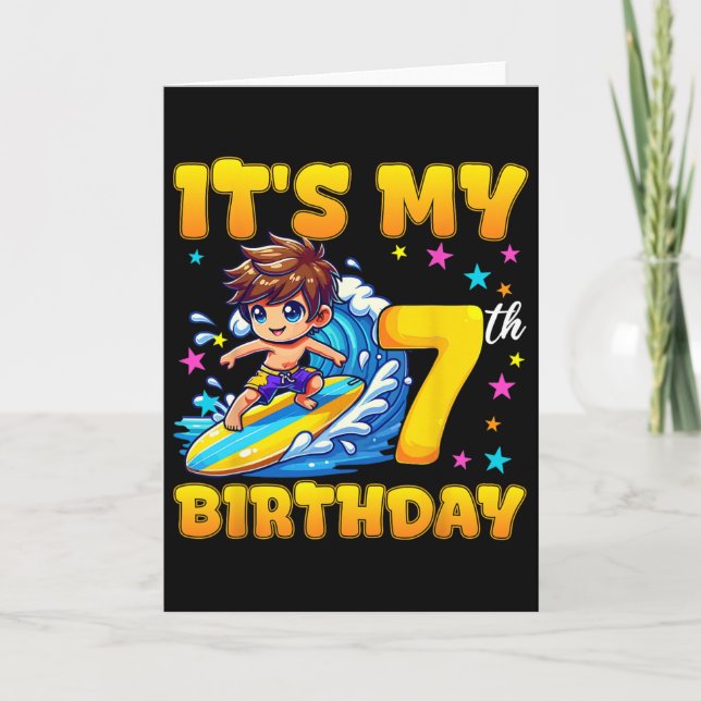 Carte Surfing C'est mon 7ème anniversaire garçon 7 ans  (Devant)