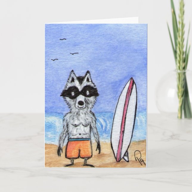 Carte Surf's Up! Raccoon with Surf Board Note Card (Devant)