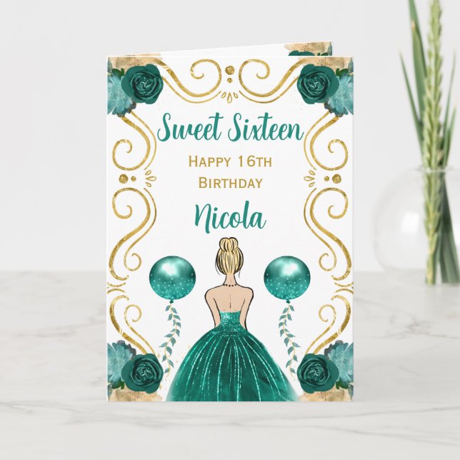 Carte Sweet 16 Blonde Princess Turquoise Joyeux annivers (Devant)