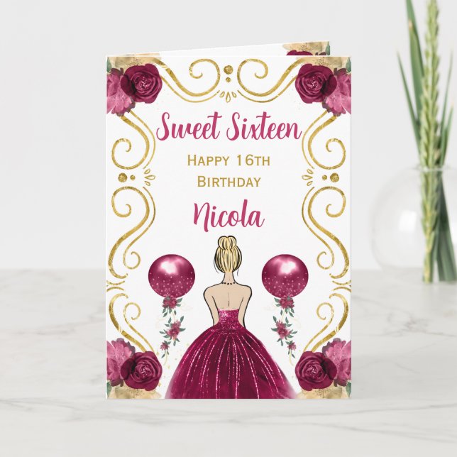 Carte Sweet 16 Blonde Princesse Bourgogne Joyeux Anniver (Devant)