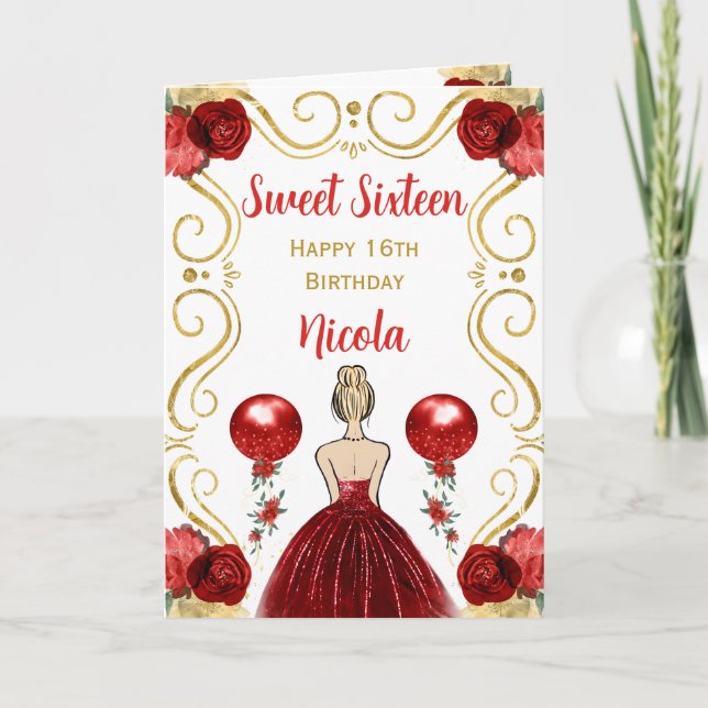 Carte Sweet 16 Blonde Princesse Rouge Joyeux anniversair (Devant)
