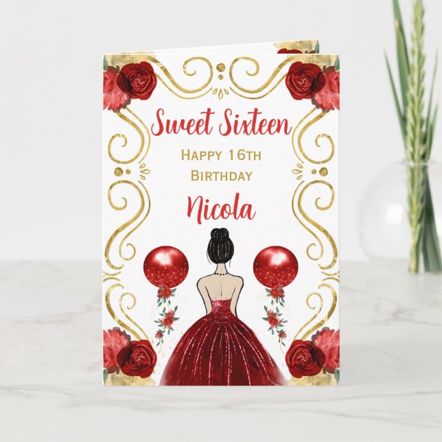 Carte Sweet 16 Brown Cheveux Princesse Rouge Joyeux Anni (Devant)