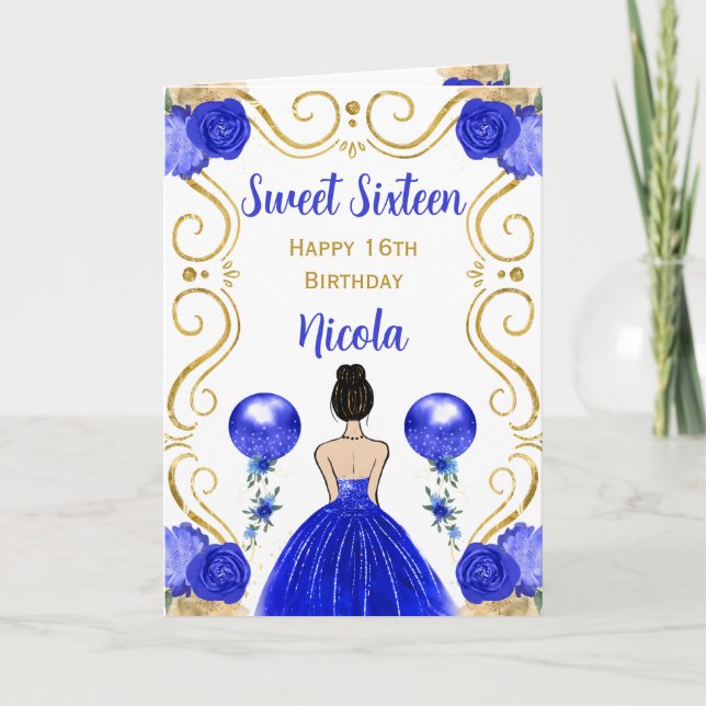 Carte Sweet 16 cheveux Brown Princesse Bleu Joyeux anniv (Devant)