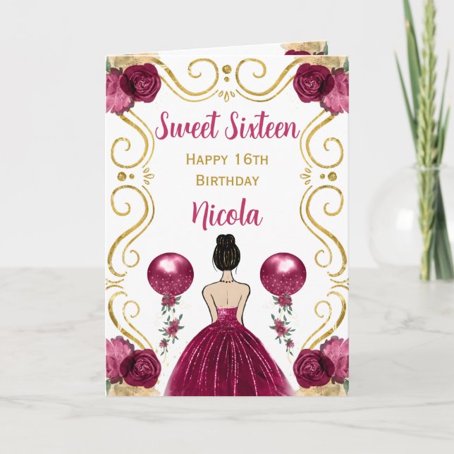Carte Sweet 16 cheveux Brown Princesse Bourgogne Anniver (Devant)