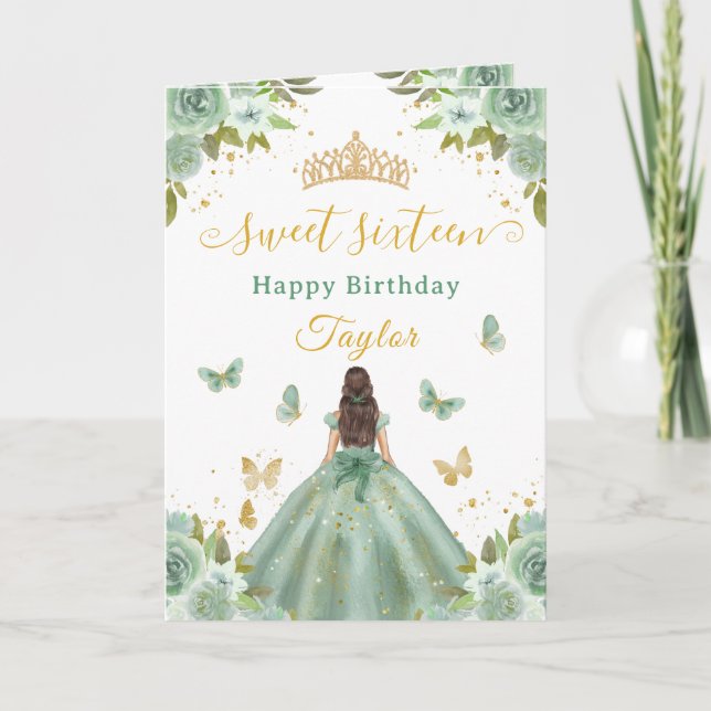 Carte Sweet 16 Green Princess Brunette Girl (Devant)