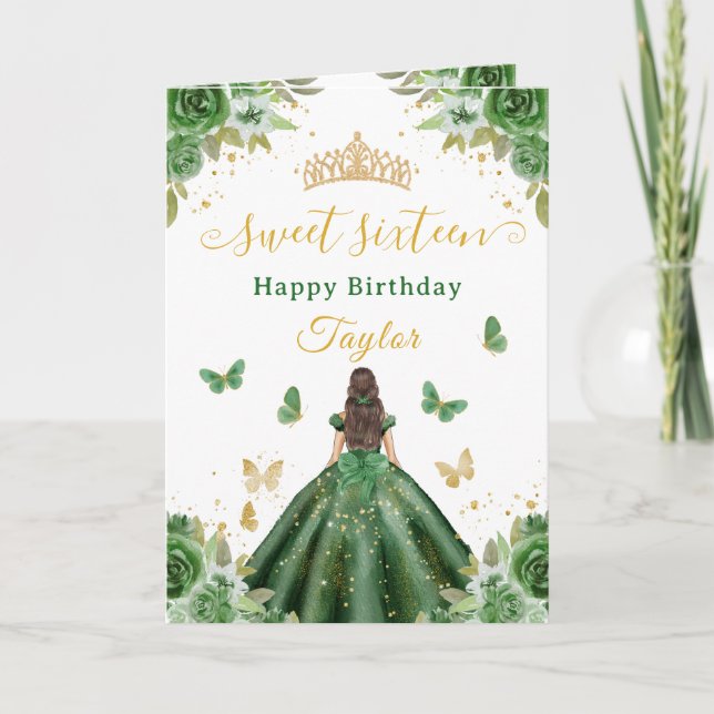 Carte Sweet 16 Green Princess Brunette Girl (Devant)