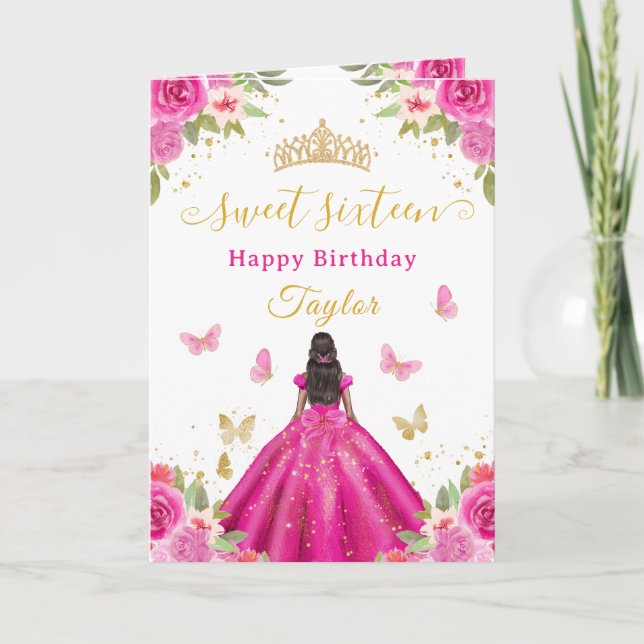 Carte Sweet 16 Hot Pink Princess African American Girl (Devant)