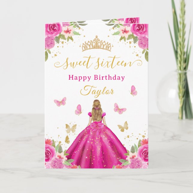 Carte Sweet 16 Hot Pink Princess Blonde Girl (Devant)