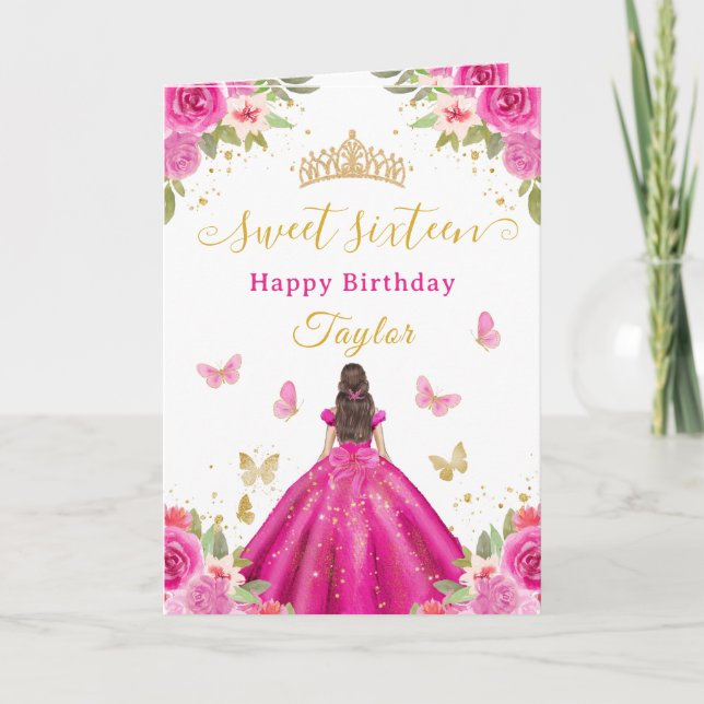Carte Sweet 16 Hot Pink Princess Brunette Girl (Devant)