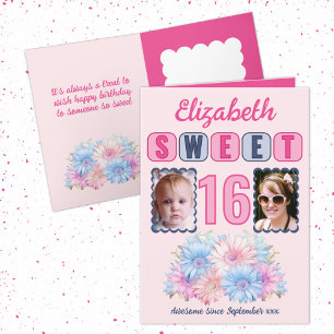 Carte Sweet 16 nom d'anniversaire 2 photo floral rose