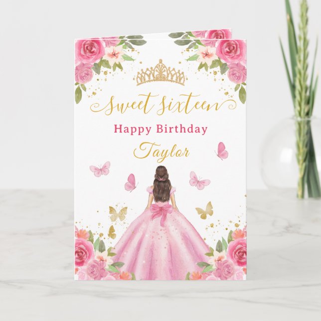 Carte Sweet 16 Pink Princess Brunette Girl (Devant)