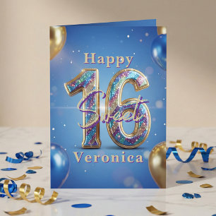 Carte Sweet 16 Royal Blue Gold Pailletés Ballon Annivers