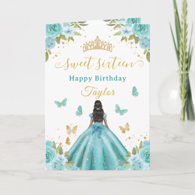 Carte Sweet 16 Turquoise Princess African American Girl (Devant)