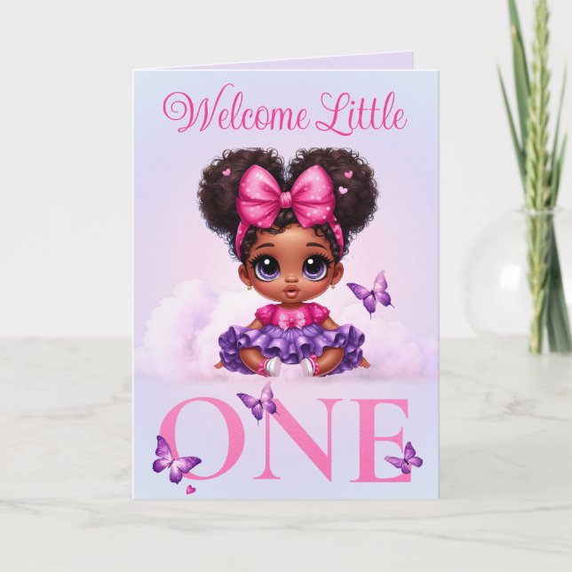 Carte Sweet Afro Baby Girl Pastel Butterfly Bienvenue (Devant)