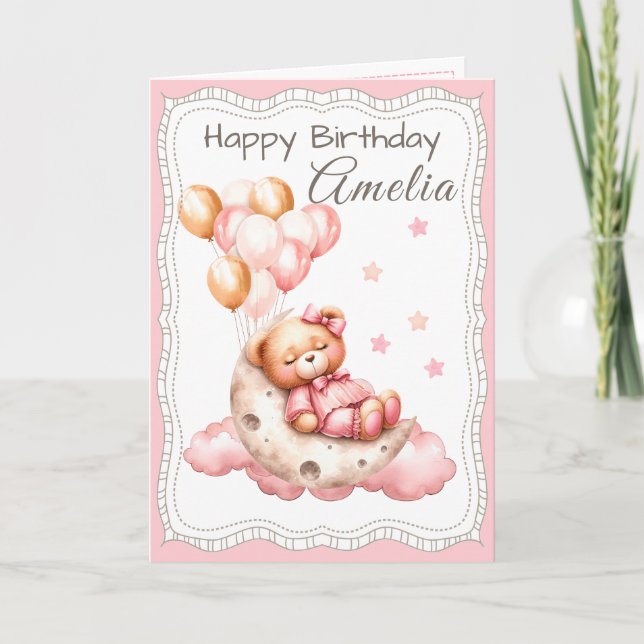 Carte Sweet Bear on the Moon Birthday Card for Girl (Devant)