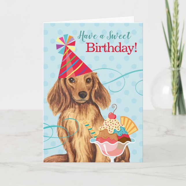 Carte Sweet Birthday Longhhair Dachshund (Devant)