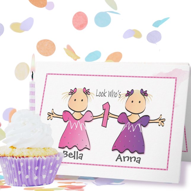 Carte Sweet Cute Premier Anniversaire Twin Girl Ca (Créateur téléchargé)