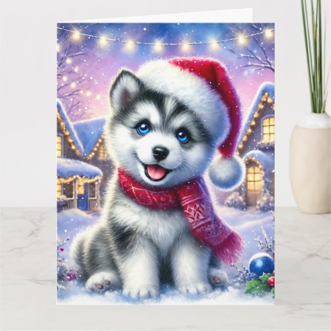 Carte Sweet Husky Puppy dans le village de Noël (Devant)