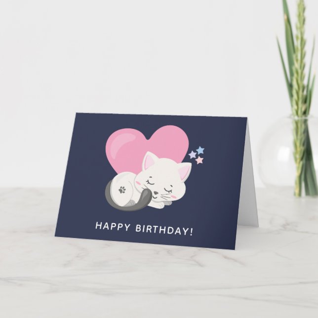 Carte Sweet Kitty Chat Dormir avec un grand coeur Annive (Devant)