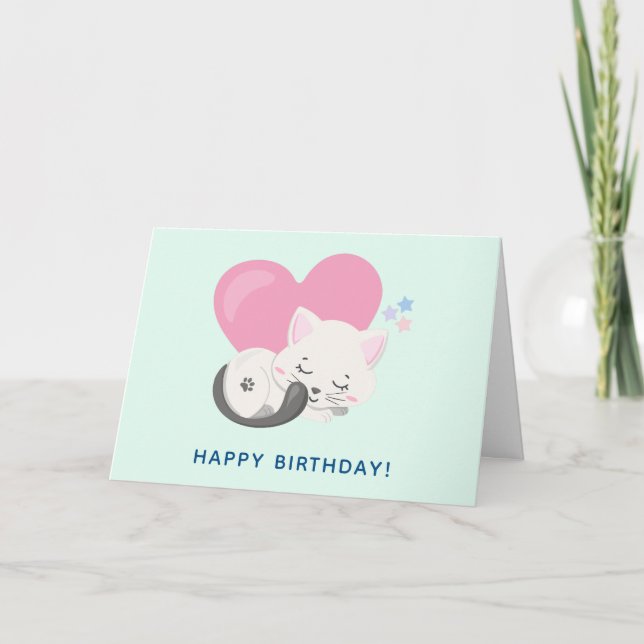 Carte Sweet Kitty Chat Dormir avec un grand coeur Annive (Devant)