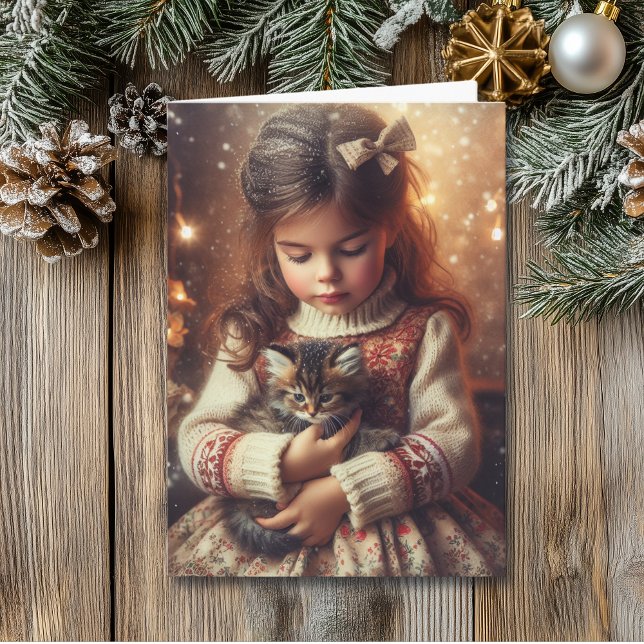 Carte Sweet Little Girl and Kitten Christmas (Créateur téléchargé)