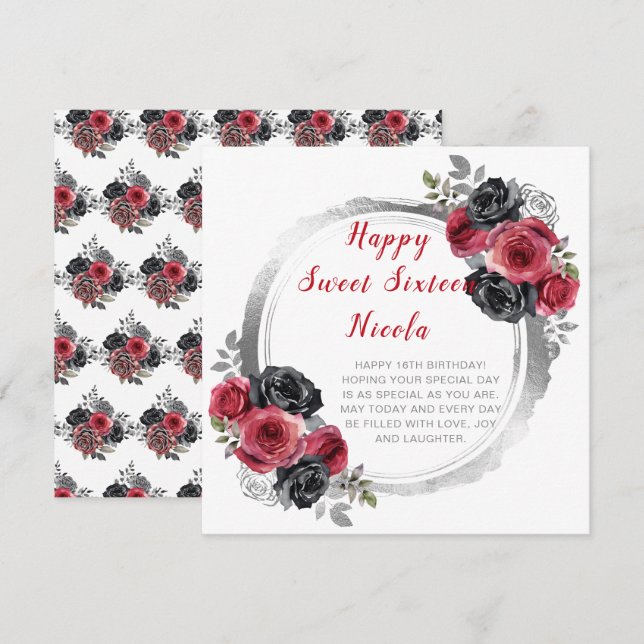 Carte Sweet sixteen à fleurs élégantes rouge et argent (Devant / Derrière)