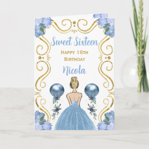 Carte Sweet sixteen Blonde Princesse Bleue Joyeux annive