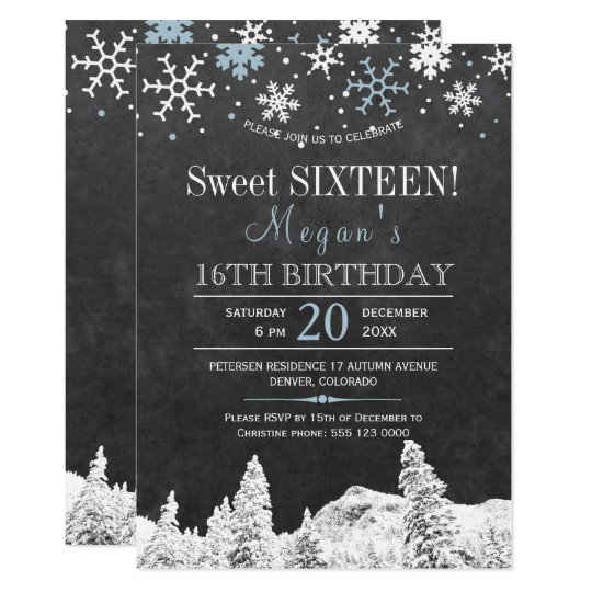 Carte Sweet sixteen chic d'hiver de flocons de neige du