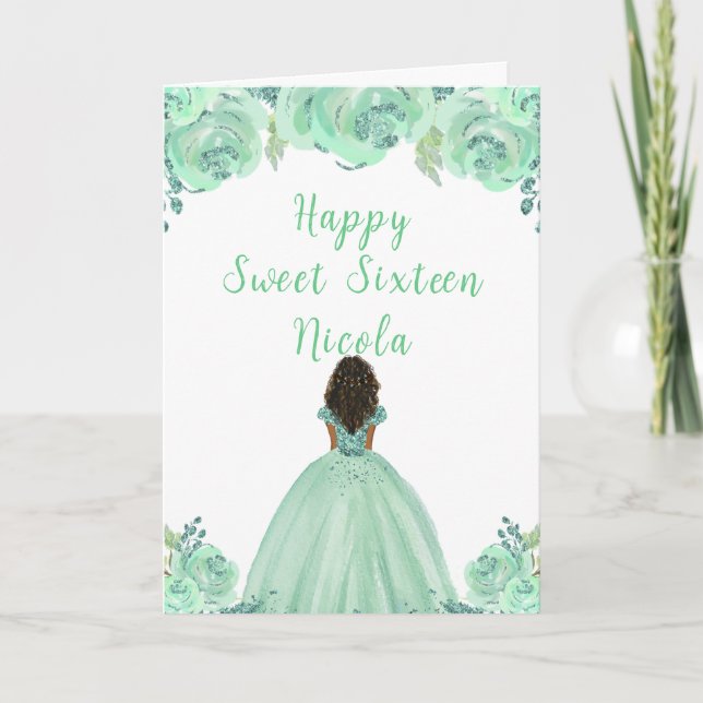 Carte Sweet sixteen de menthe princesse à peau foncée (Devant)