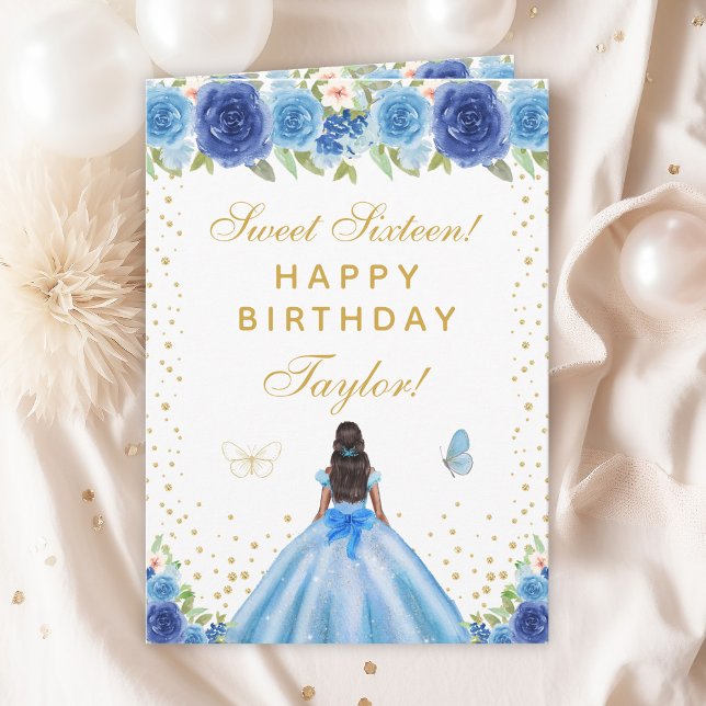 Carte Sweet sixteen floral bleu foncé fille de peau fonc (Créateur téléchargé)