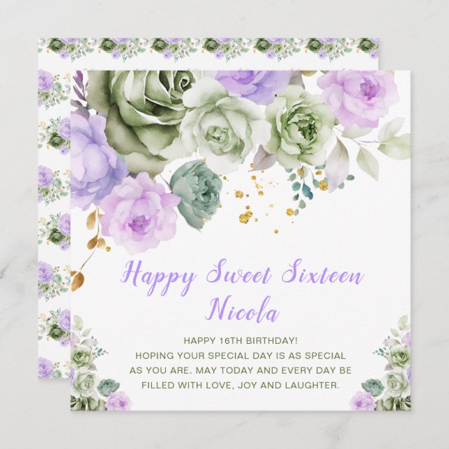 Carte Sweet sixteen floral vert Sage et violet (Devant / Derrière)