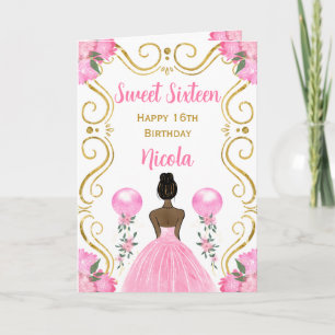 Carte Sweet sixteen Peau foncée Princesse rose Anniversa