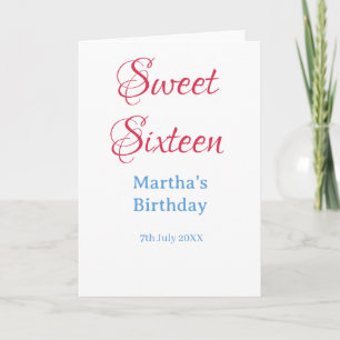 Carte Sweet Sixteen rose nom date calligraphie boho bleu